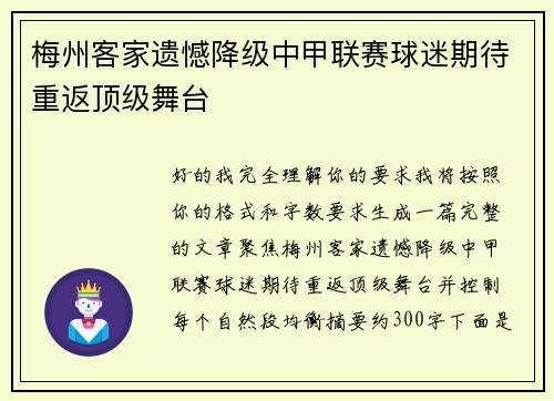 梅州客家遗憾降级中甲联赛球迷期待重返顶级舞台