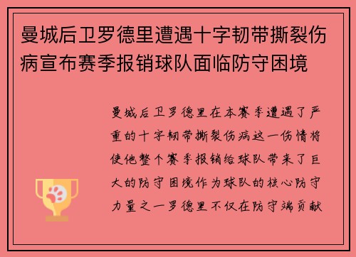 曼城后卫罗德里遭遇十字韧带撕裂伤病宣布赛季报销球队面临防守困境
